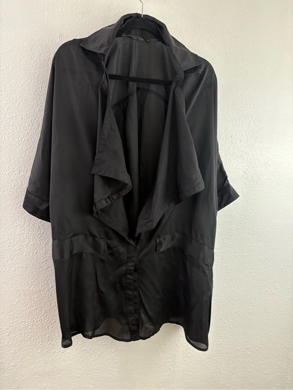 Z.Cavaricci black short-sleeve draped open-front blouse relaxed shawl collar 1X